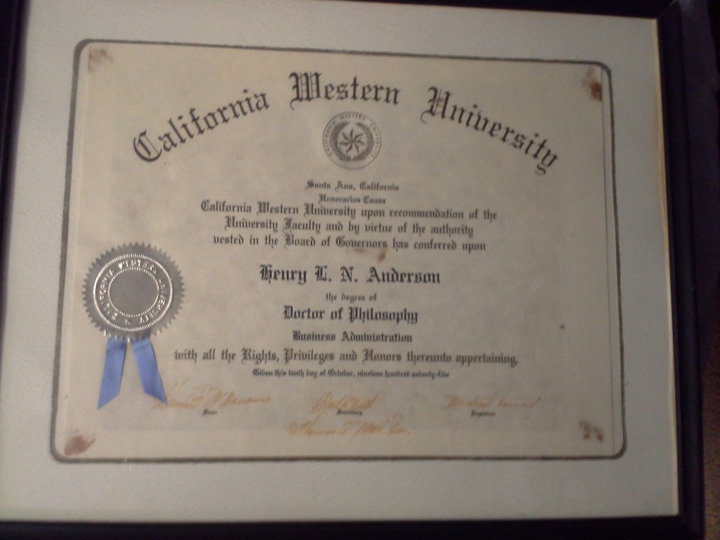 Framed California Western University diploma conferring an honorary Doctor of Philosophy in Business Administration on Henry L. N. Anderson