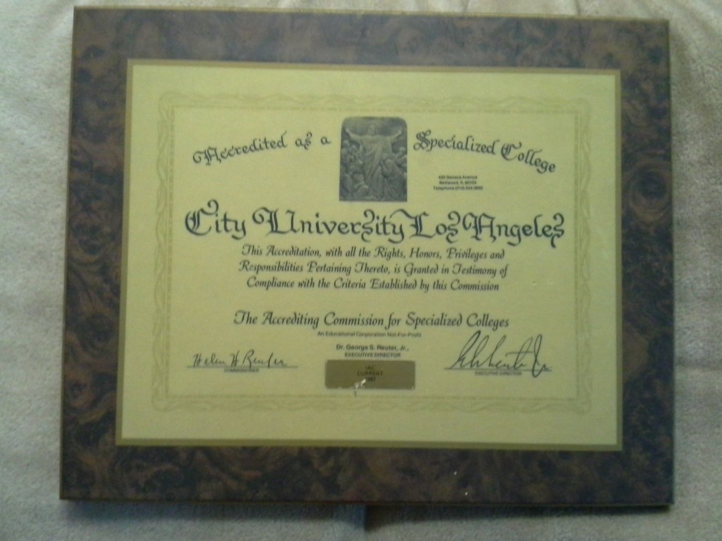 Framed certificate accrediting City University Los Angeles as a Specialized College