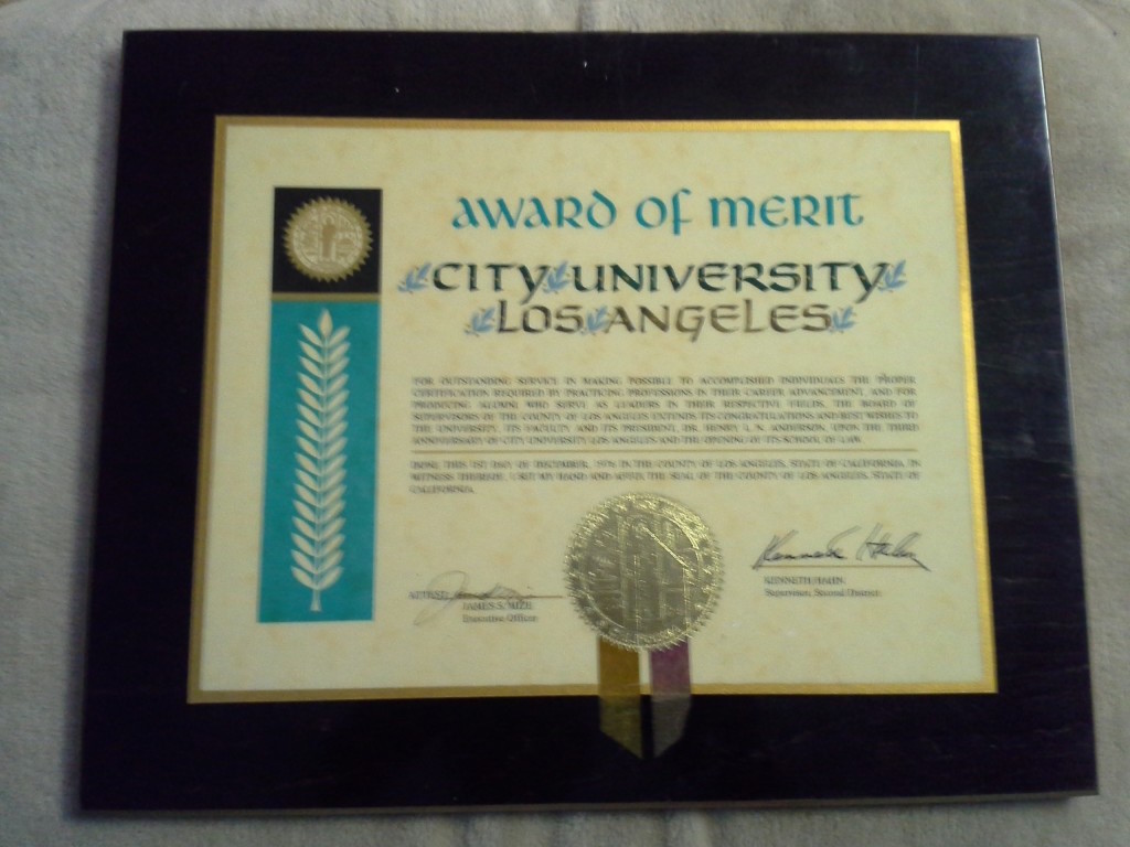 Award of Merit plaque presented to City University Los Angeles by the Los Angeles County Board of Supervisors