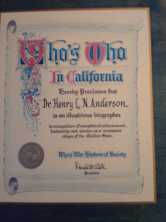 Illuminated Who's Who in California proclamation naming Dr. Henry L. N. Anderson an illustrious biographee