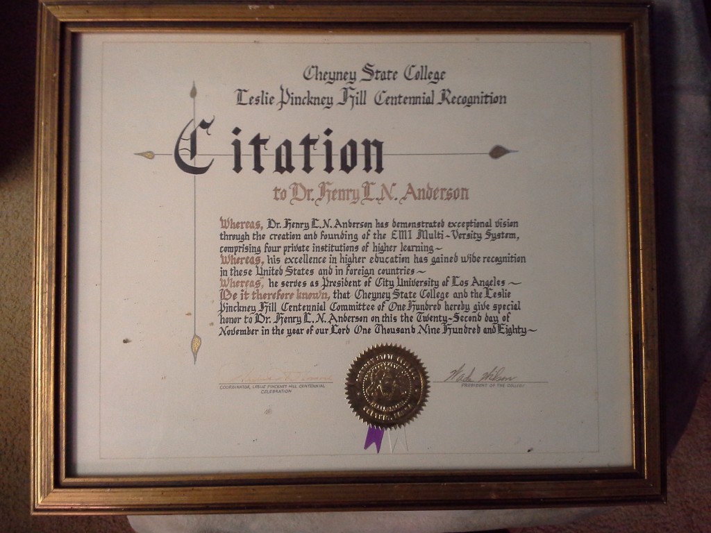 Framed Cheyney State College citation honouring Dr. Henry L. N. Anderson in the Leslie Pinckney Hill Centennial Recognition